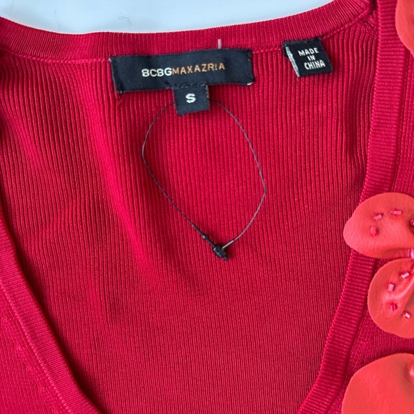 BCBGMAXAZRIA Bright Red Rib Knit Sweater Faux Leather Beaded Floral Womens Small - Picture 4 of 8